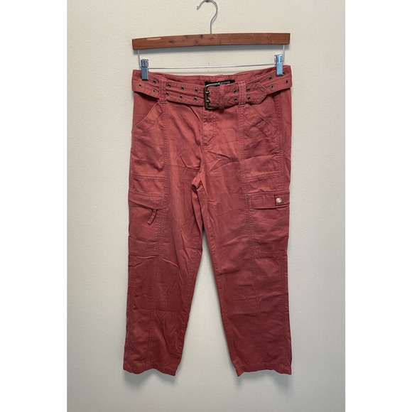 DKNY Womens Cargo Pants Size 6 Red Belted Relaxed Baggy Cropped Grunge Punk Y2K - Picture 1 of 8